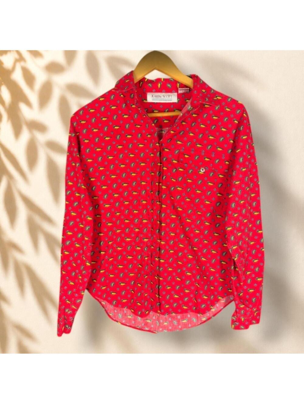 Karen Scott Shirt Women S Small Red Graphic Print Button Up Collared Long Sleeve